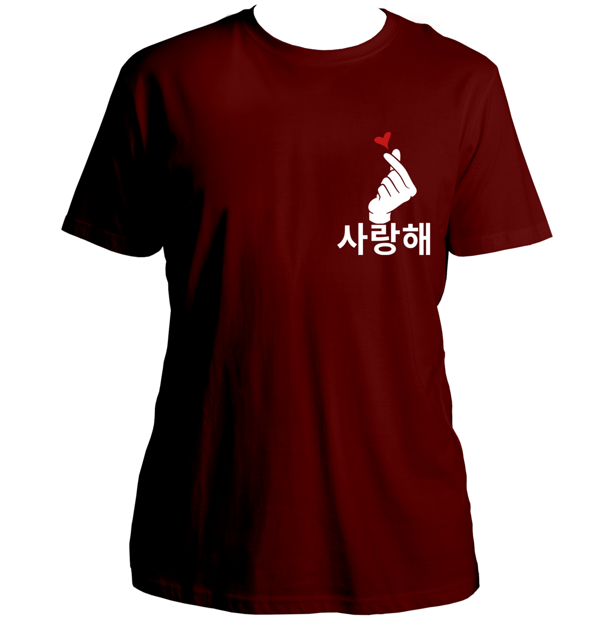 Maroon Saranghae Finger Heart Unisex T-Shirt with Korean Hangul and finger-heart chest graphic