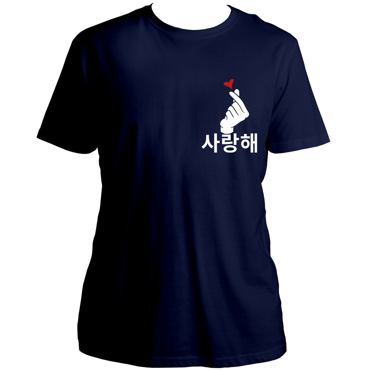 Navy Blue Saranghae Finger Heart Unisex T-Shirt with Korean Hangul and finger-heart chest graphic