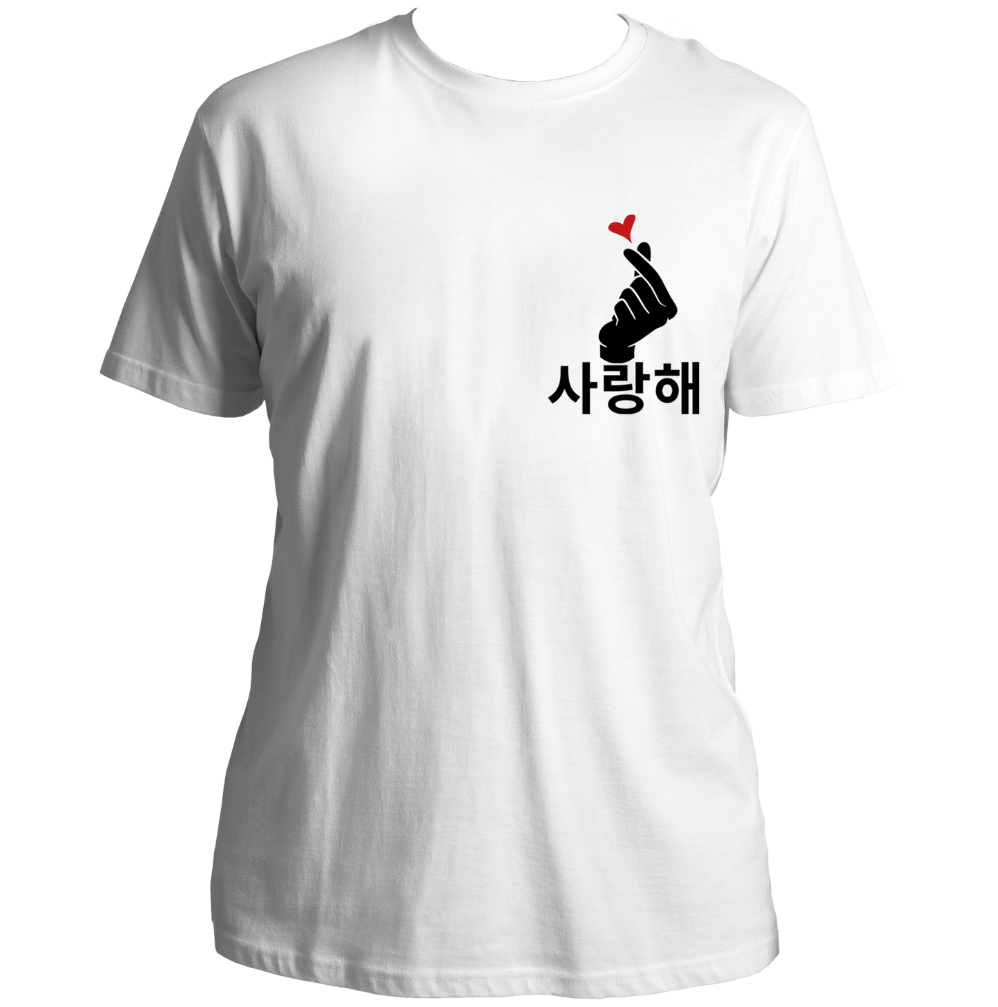 White Saranghae Finger Heart Unisex T-Shirt with black Hangul and red heart chest print