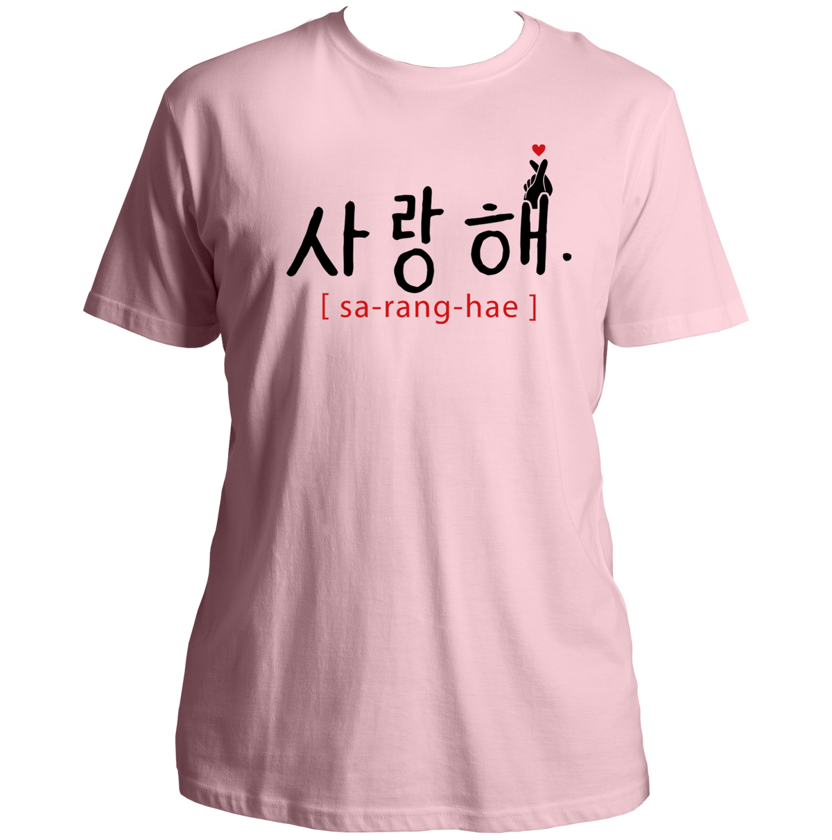 Baby Pink Saranghae Unisex T-Shirt with Korean Hangul and red finger-heart print