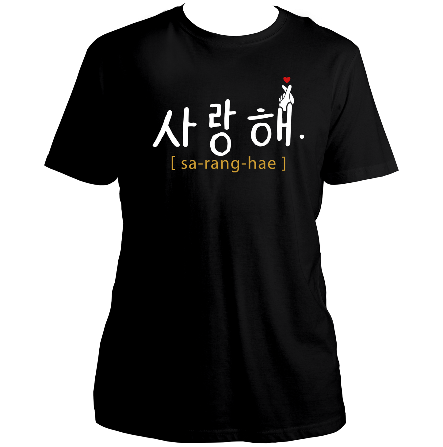 Black Saranghae Unisex T-Shirt with white Hangul and red finger-heart print