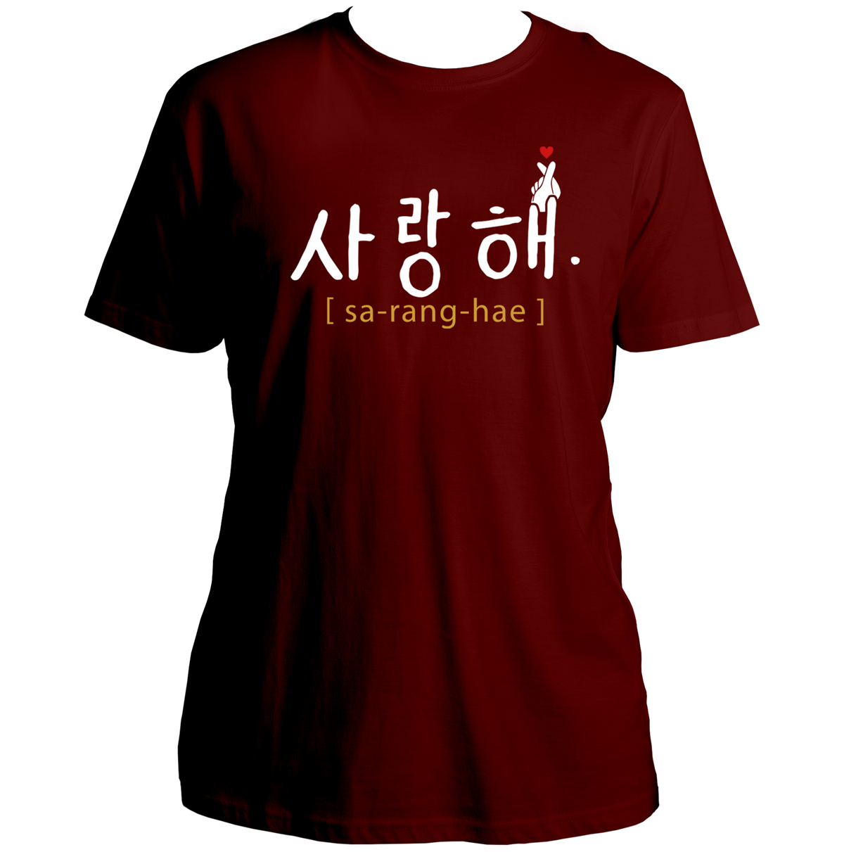 Maroon Saranghae Unisex T-Shirt with white Hangul and red finger-heart print