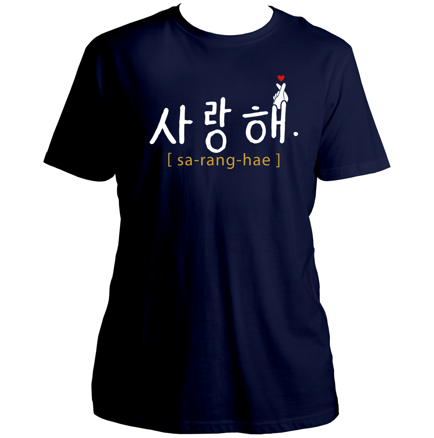 Navy Blue Saranghae Unisex T-Shirt with white Hangul and red finger-heart print