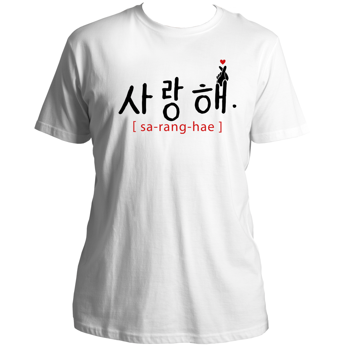 White Saranghae Unisex T-Shirt with black Hangul and red finger-heart print