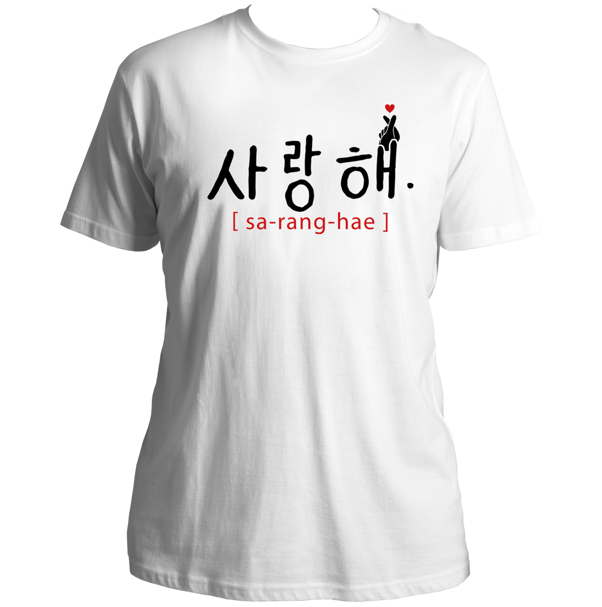 White Saranghae Unisex T-Shirt with black Hangul and red finger-heart print