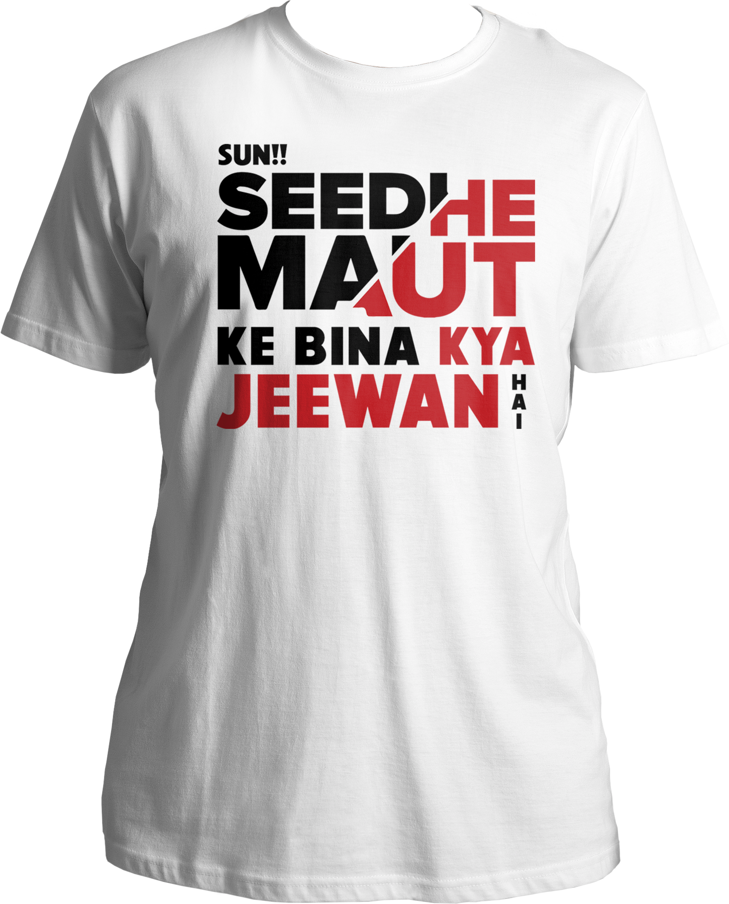 "Embrace the essence of Indian hip-hop with our exclusive Seedhe Maut T-shirt! Featuring the iconic phrase 'Seedhe Maut Ke Bina Kya Jeewan Hai' from the dynamic rap duo, this tee is a must-have for all hip-hop enthusiasts.  Seedhe Maut, with their raw talent and impactful lyrics, have carved a niche in the music industry. Now, you can flaunt your admiration for their artistry with this stylish and meaningful tee.