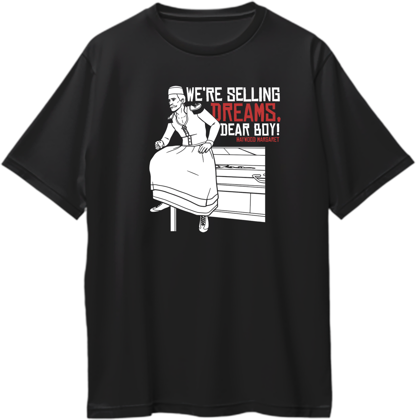 Black oversized unisex t-shirt featuring Red Dead Redemption 2 inspired illustration of Margaret with quote “We’re selling dreams, dear boy!” – Garrari Brand.