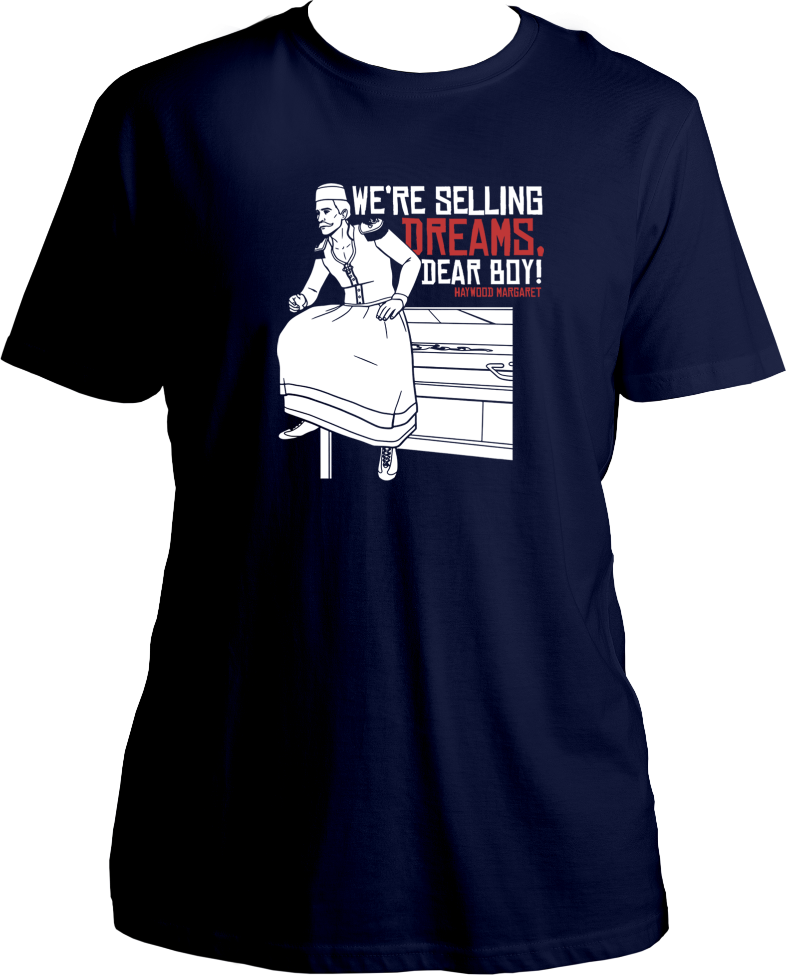 unisex cotton t-shirt featuring Red Dead Redemption 2 inspired artwork of Margaret with quote “We’re selling dreams, dear boy!” – Garrari Brand.