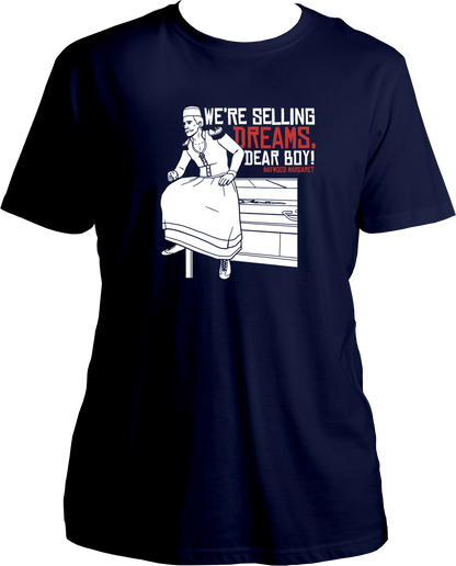 unisex cotton t-shirt featuring Red Dead Redemption 2 inspired artwork of Margaret with quote “We’re selling dreams, dear boy!” – Garrari Brand.