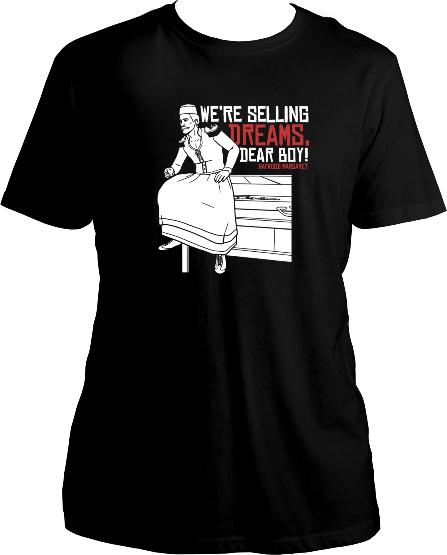 unisex cotton t-shirt featuring Red Dead Redemption 2 inspired artwork of Margaret with quote “We’re selling dreams, dear boy!” – Garrari Brand.