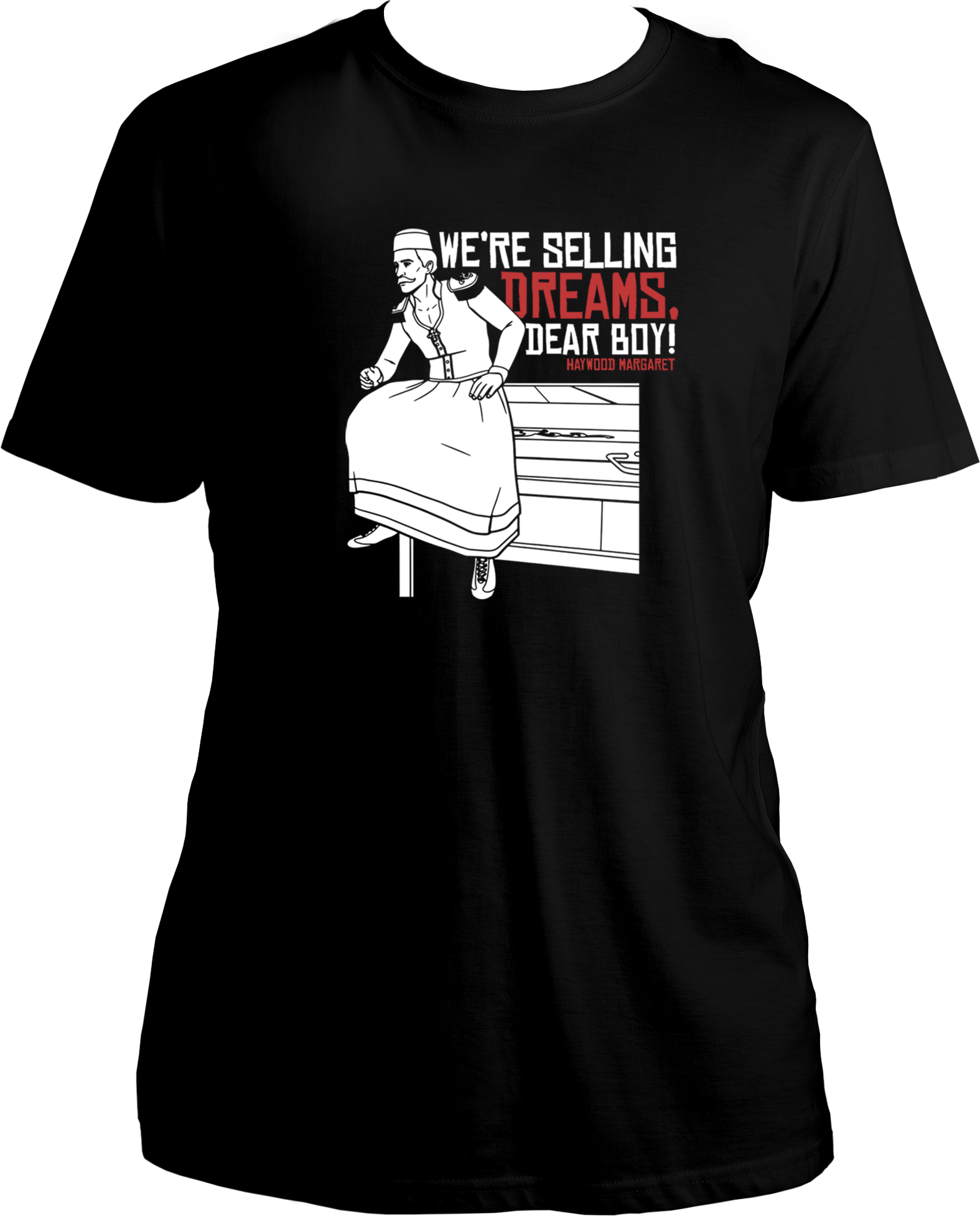 unisex cotton t-shirt featuring Red Dead Redemption 2 inspired artwork of Margaret with quote “We’re selling dreams, dear boy!” – Garrari Brand.