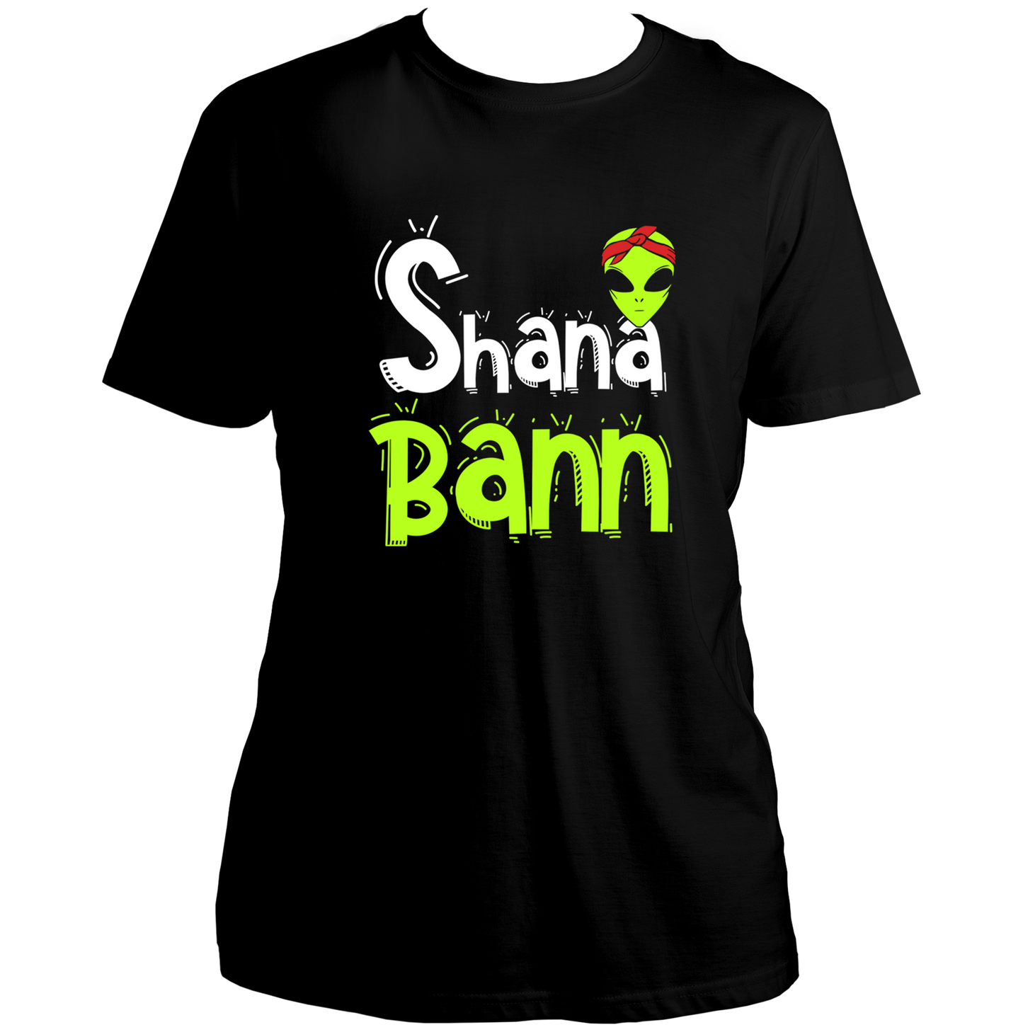 Black Shana Bann Unisex T-Shirt with quirky alien bandana graphic and Hindi slang typography by Garrari