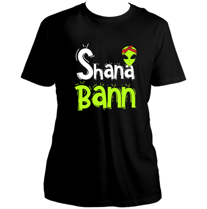 Black Shana Bann Unisex T-Shirt with quirky alien bandana graphic and Hindi slang typography by Garrari