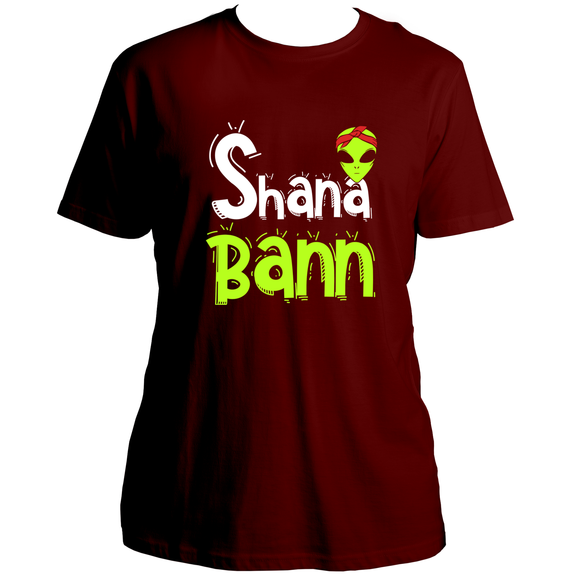 Maroon Shana Bann Unisex T-Shirt with quirky alien bandana graphic and Hindi slang typography by Garrari