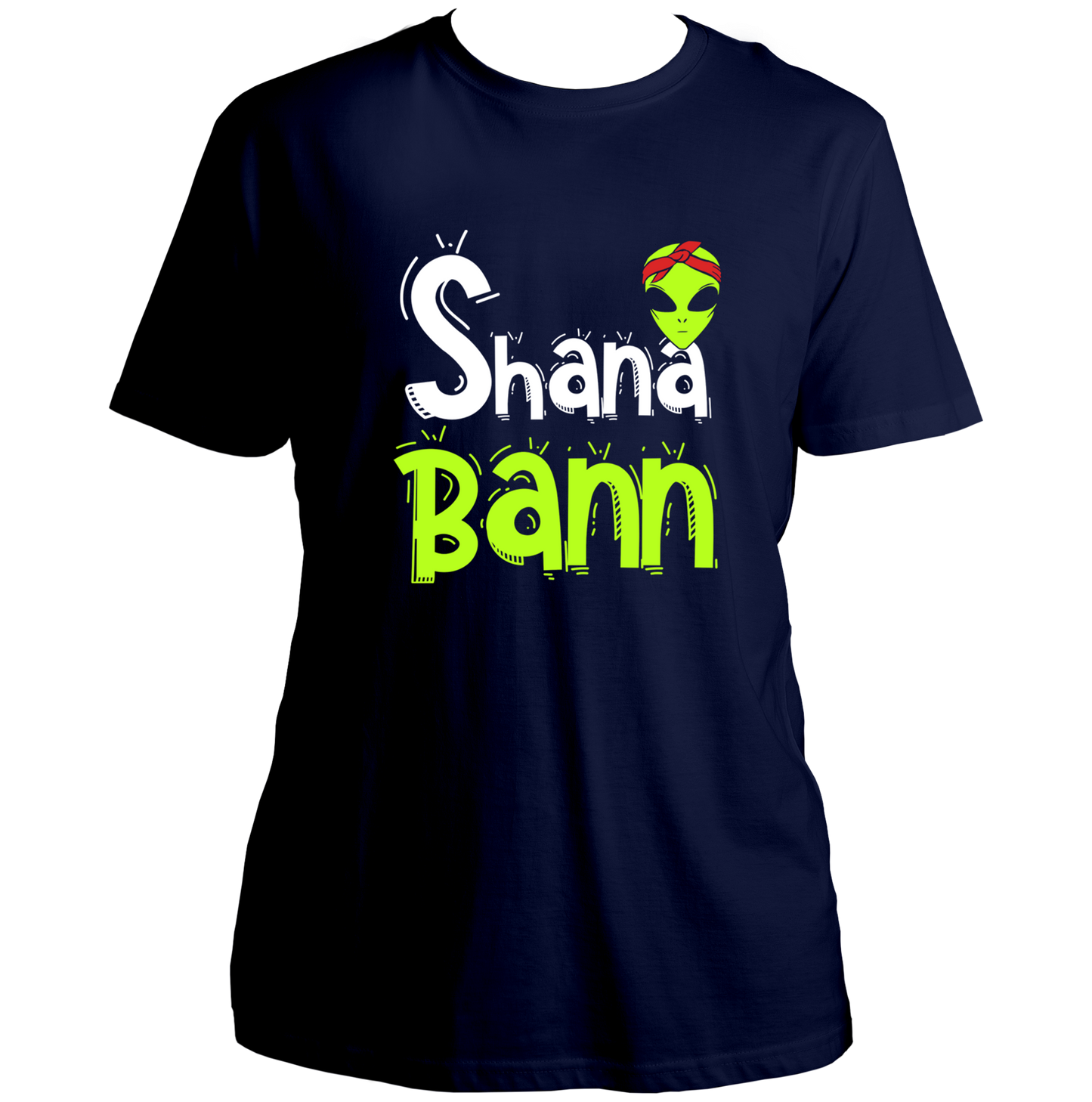 Navy Blue Shana Bann Unisex T-Shirt with quirky alien bandana graphic and Hindi slang typography by Garrari