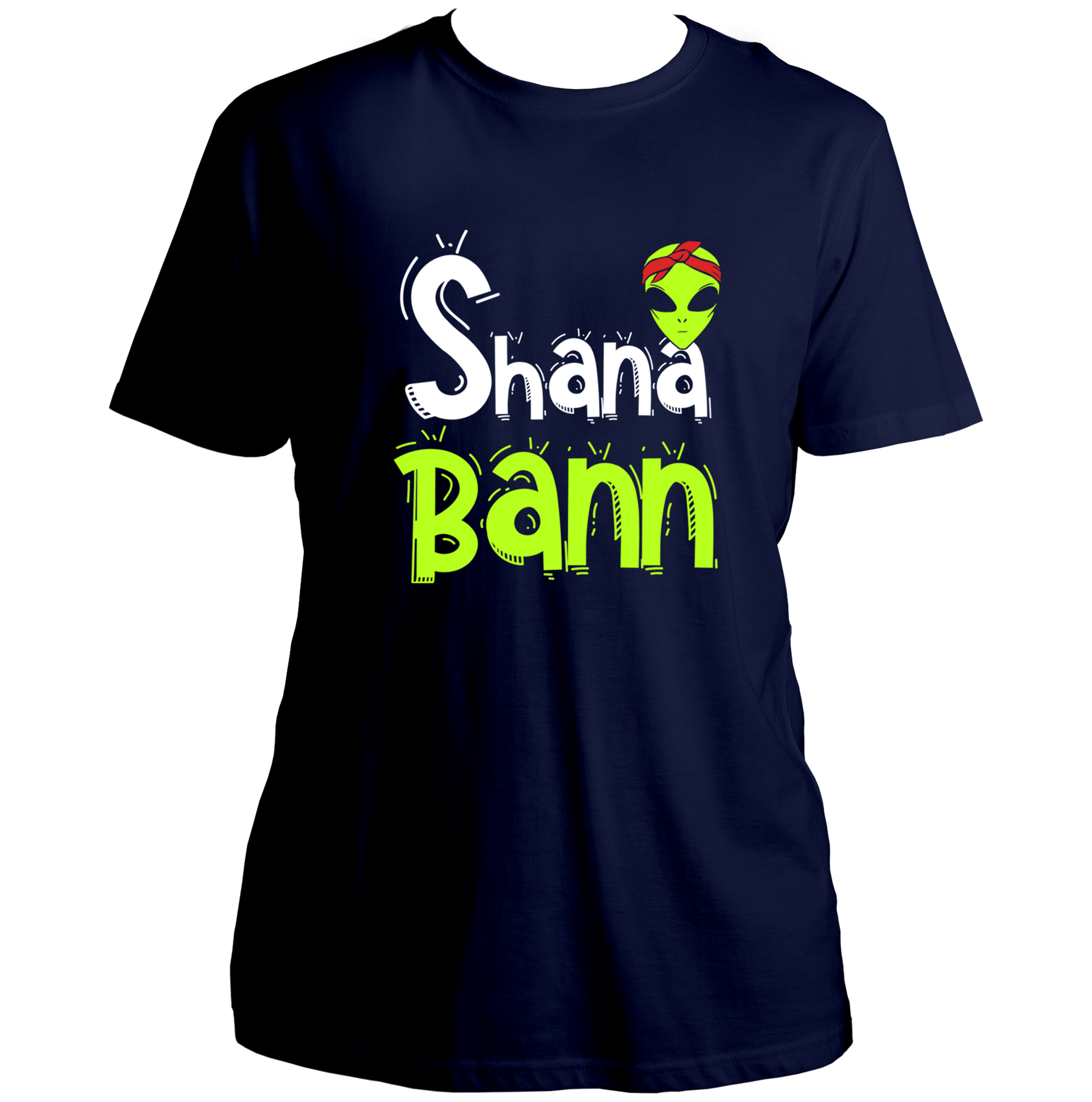 Navy Blue Shana Bann Unisex T-Shirt with quirky alien bandana graphic and Hindi slang typography by Garrari
