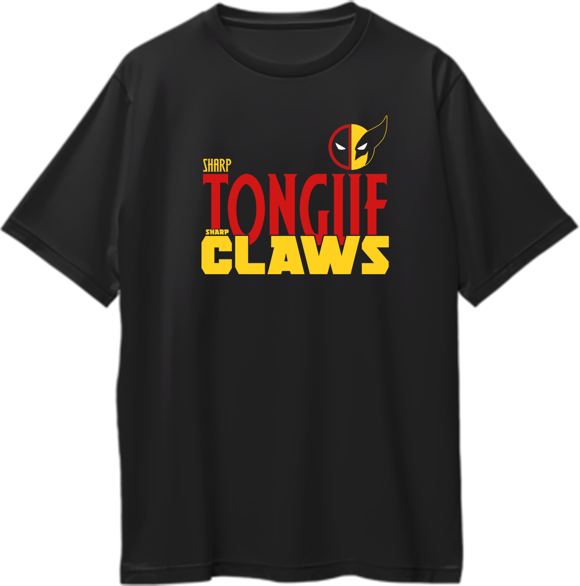 "Oversized unisex t-shirt with a Sharp Tongue Sharp Claws design, inspired by Deadpool and Wolverine, superhero fan apparel."