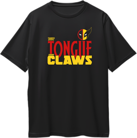 "Oversized unisex t-shirt with a Sharp Tongue Sharp Claws design, inspired by Deadpool and Wolverine, superhero fan apparel."