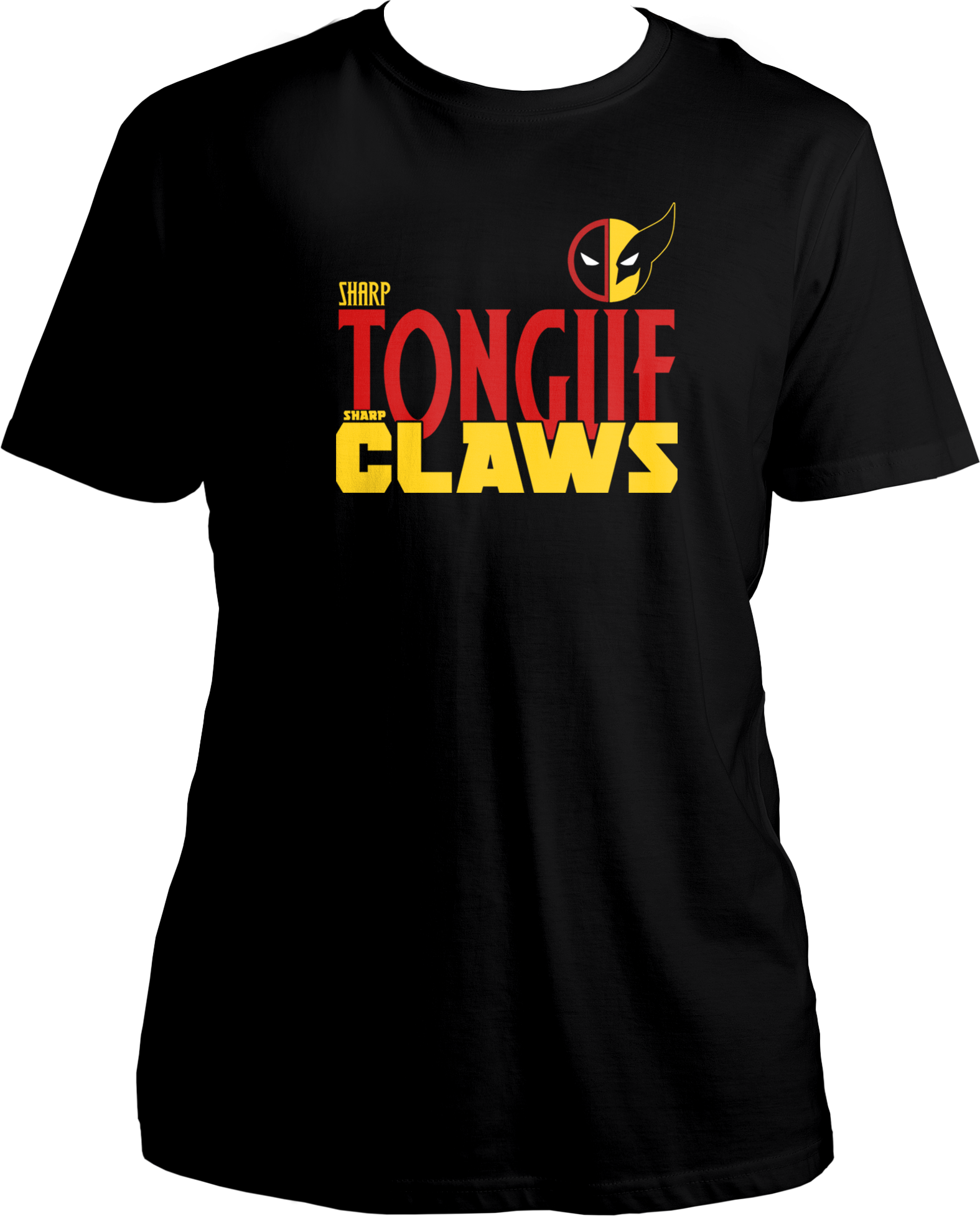 "Sharp Tongue Sharp Claws Unisex T-Shirt front view featuring Deadpool's sharp wit and Wolverine's adamantium claws design. 100% cotton, round neck, regular fit. Perfect for Deadpool and Wolverine fans."