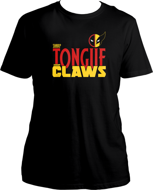 "Sharp Tongue Sharp Claws Unisex T-Shirt front view featuring Deadpool's sharp wit and Wolverine's adamantium claws design. 100% cotton, round neck, regular fit. Perfect for Deadpool and Wolverine fans."