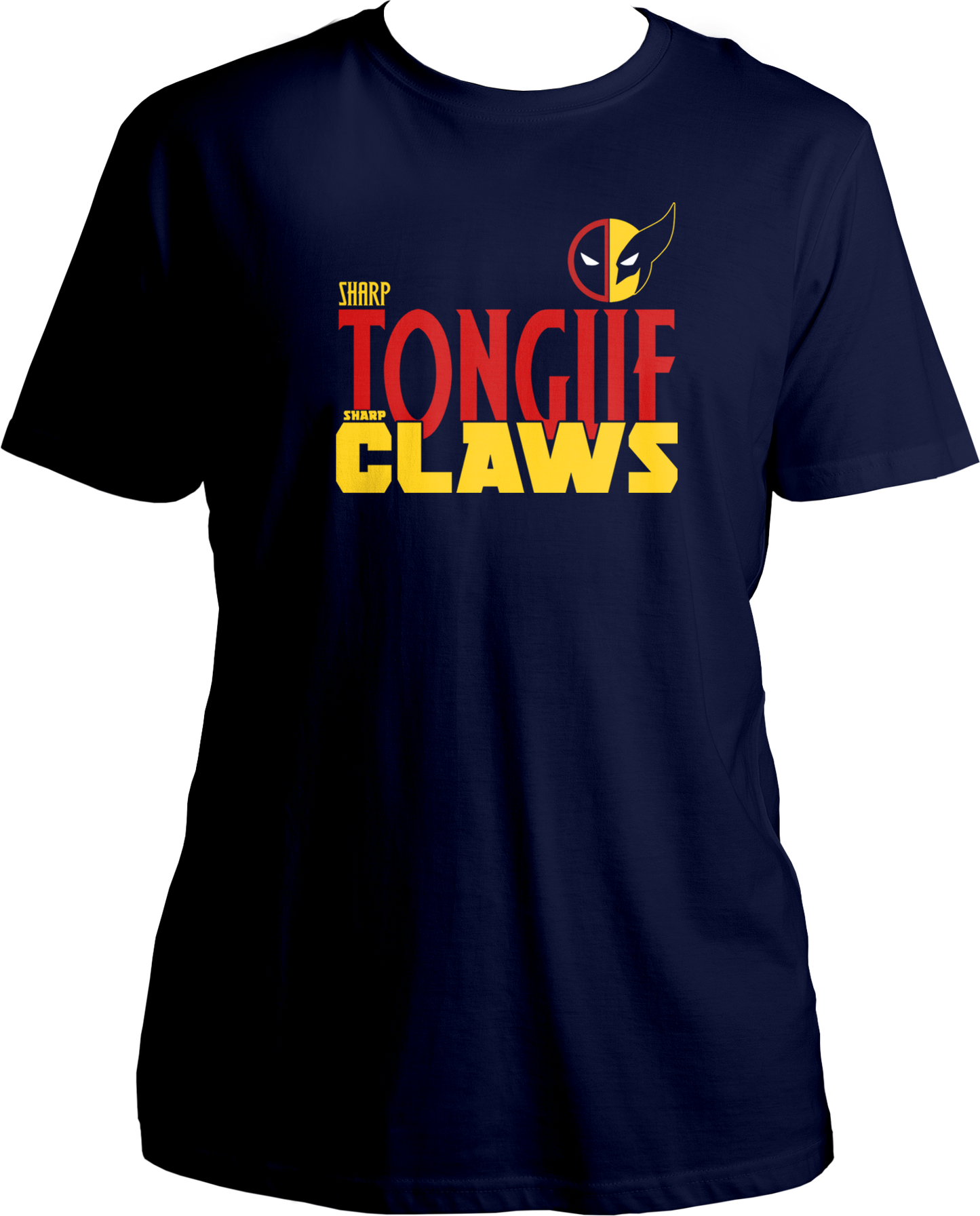 "Sharp Tongue Sharp Claws Unisex T-Shirt front view featuring Deadpool's sharp wit and Wolverine's adamantium claws design. 100% cotton, round neck, regular fit. Perfect for Deadpool and Wolverine fans."