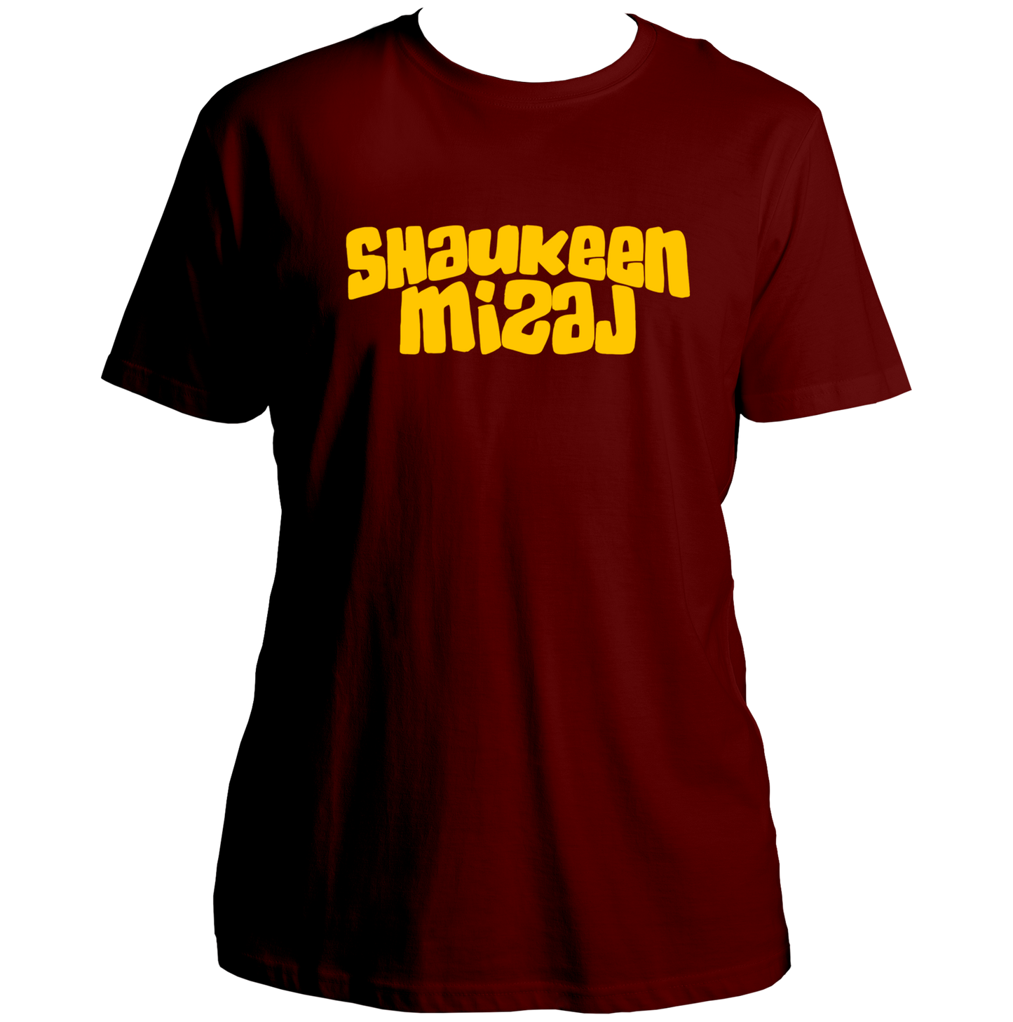 Maroon Shaukeen Mizaj Unisex T-Shirt with yellow Shaukeen Mizaj print