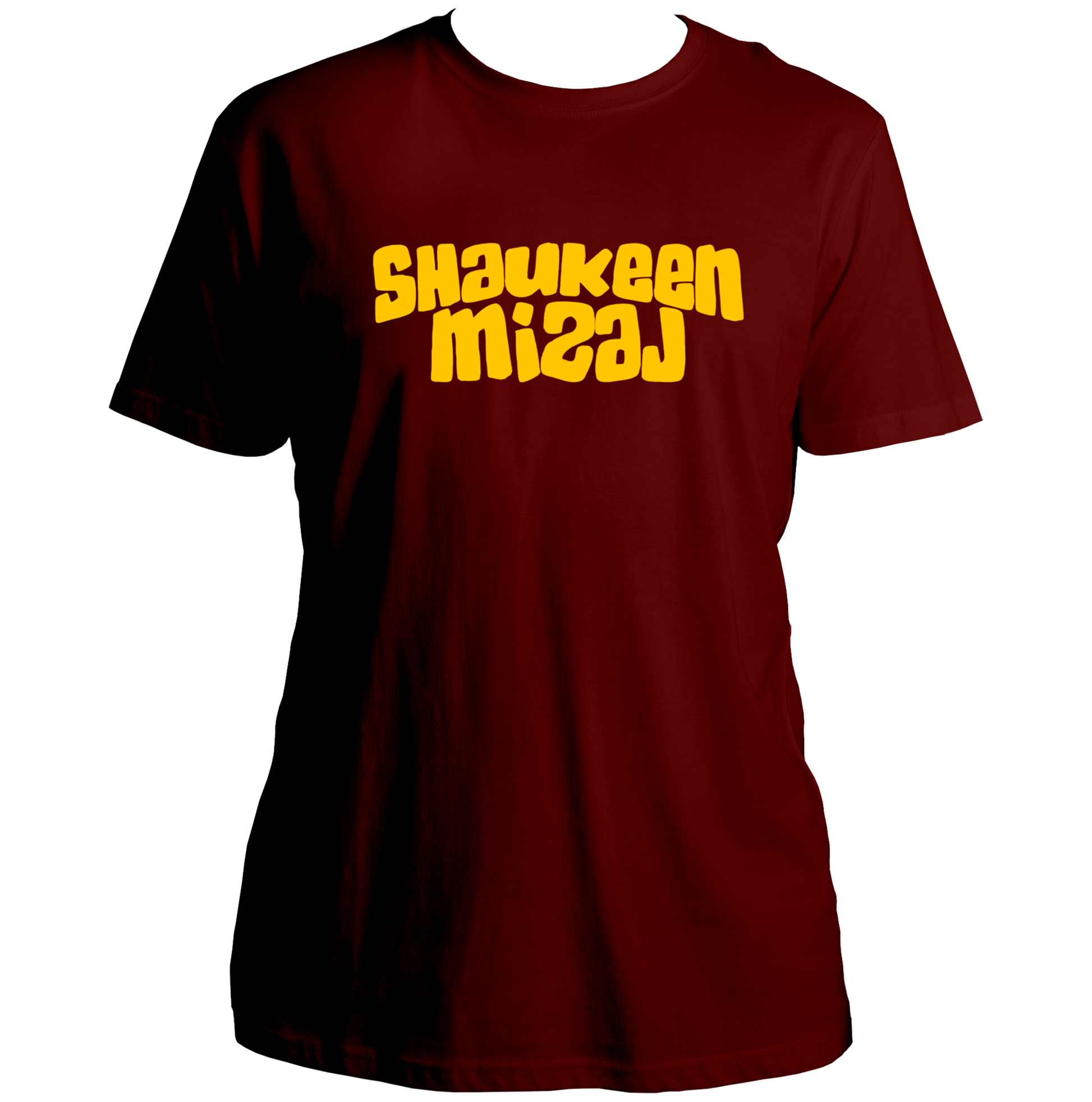 Maroon Shaukeen Mizaj Unisex T-Shirt with yellow Shaukeen Mizaj print
