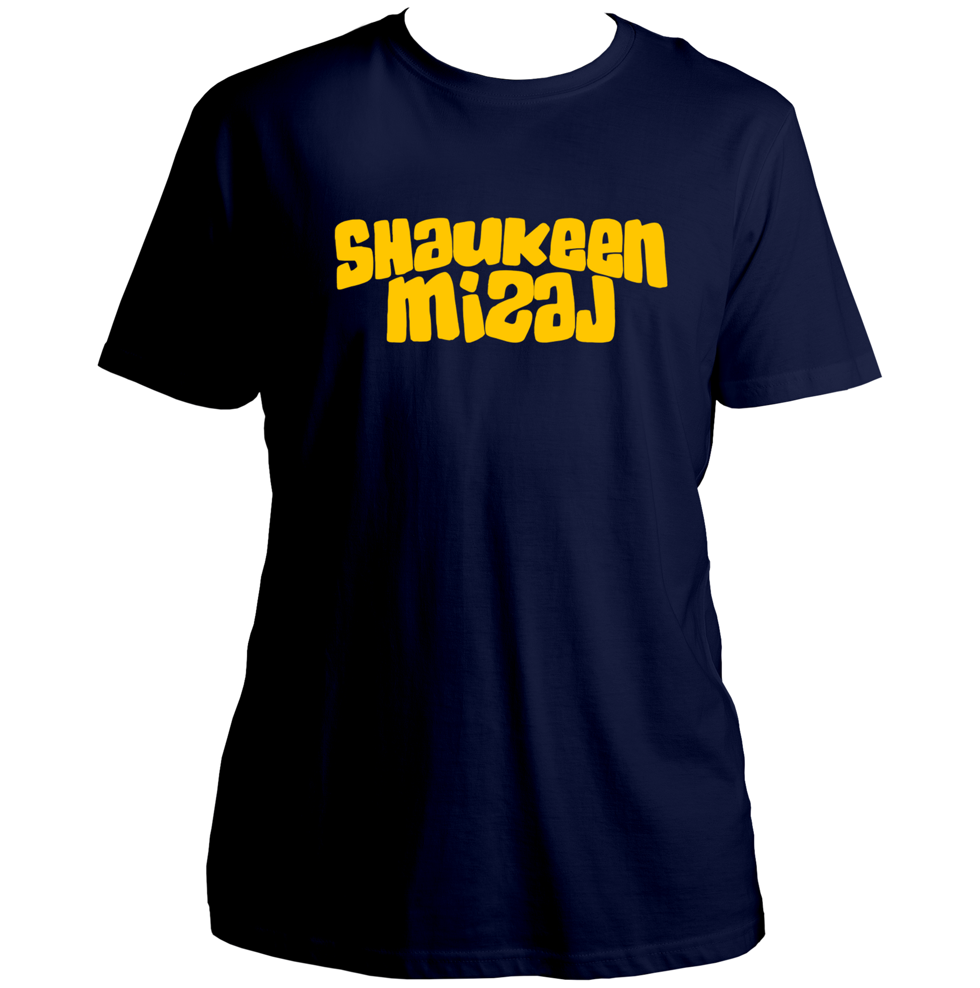 Navy Blue Shaukeen Mizaj Unisex T-Shirt with bold yellow quote graphic