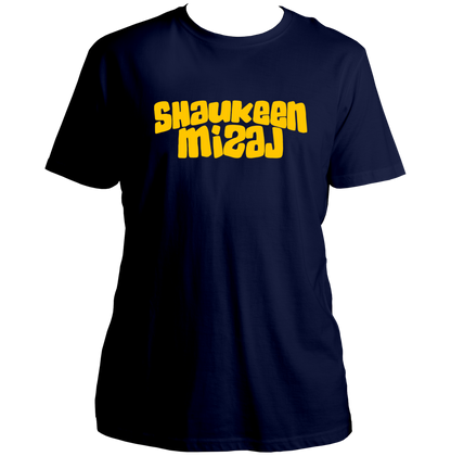 Navy Blue Shaukeen Mizaj Unisex T-Shirt with bold yellow quote graphic