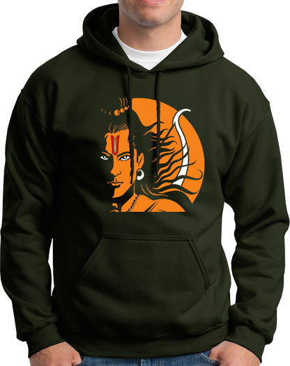 Olive Green Shri Ram hoodie with Lord Ram face artwork, tilak, and bow detail by Garrari