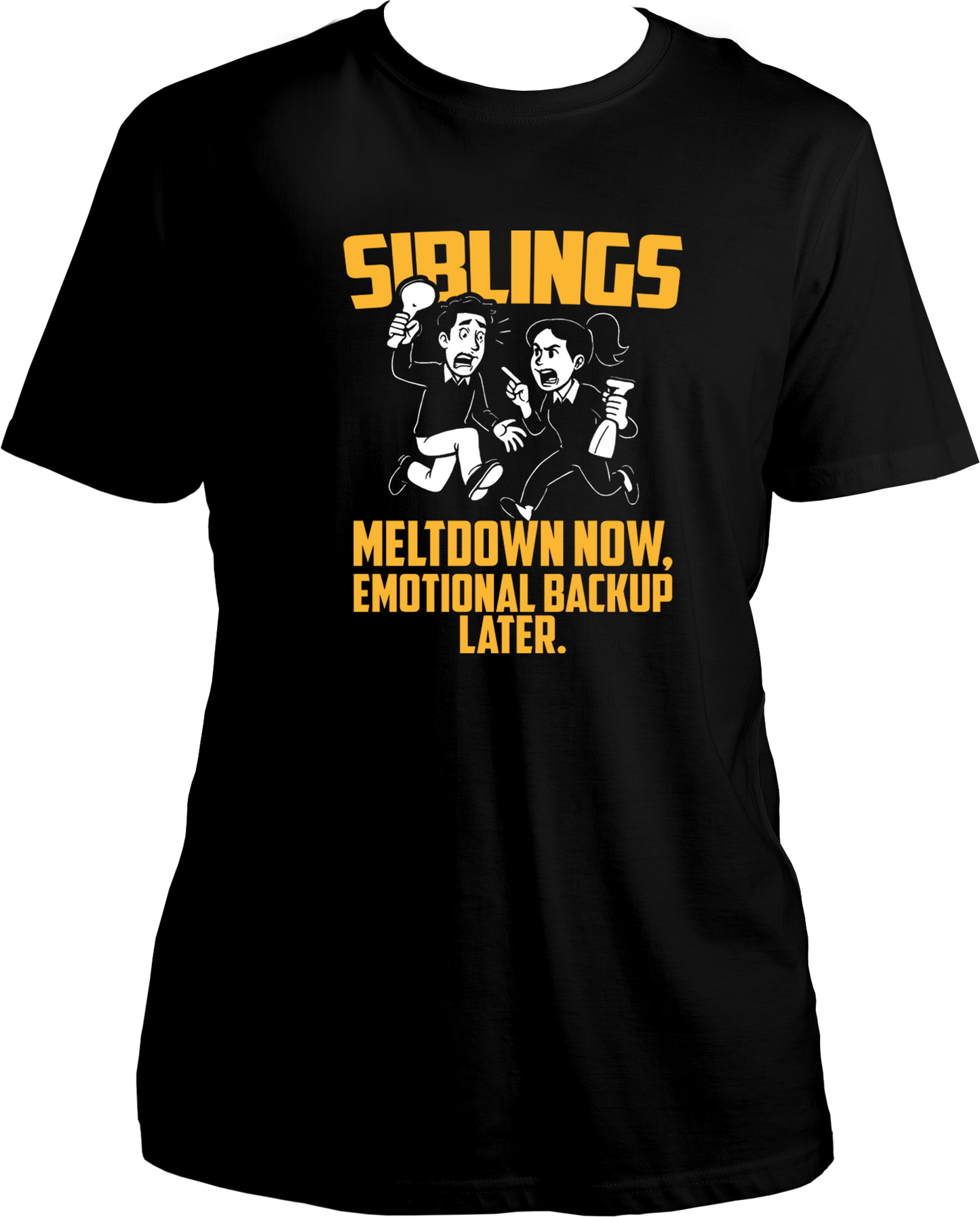 Black unisex sibling t-shirt featuring cartoon siblings in panic with the quote 'Meltdown Now, Emotional Backup Later' – perfect Rakhi or Bhai Dooj gift