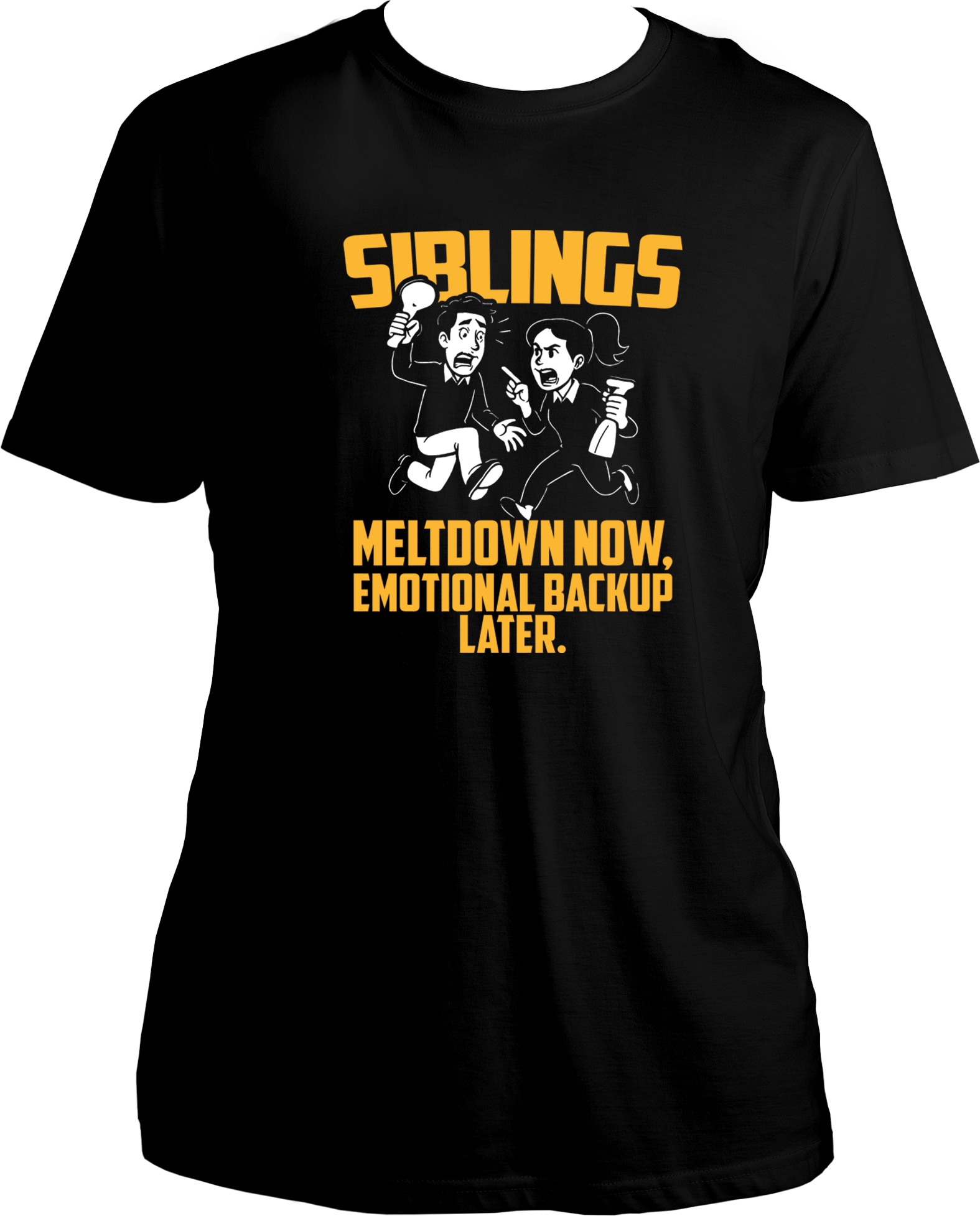 Black unisex sibling t-shirt featuring cartoon siblings in panic with the quote 'Meltdown Now, Emotional Backup Later' – perfect Rakhi or Bhai Dooj gift