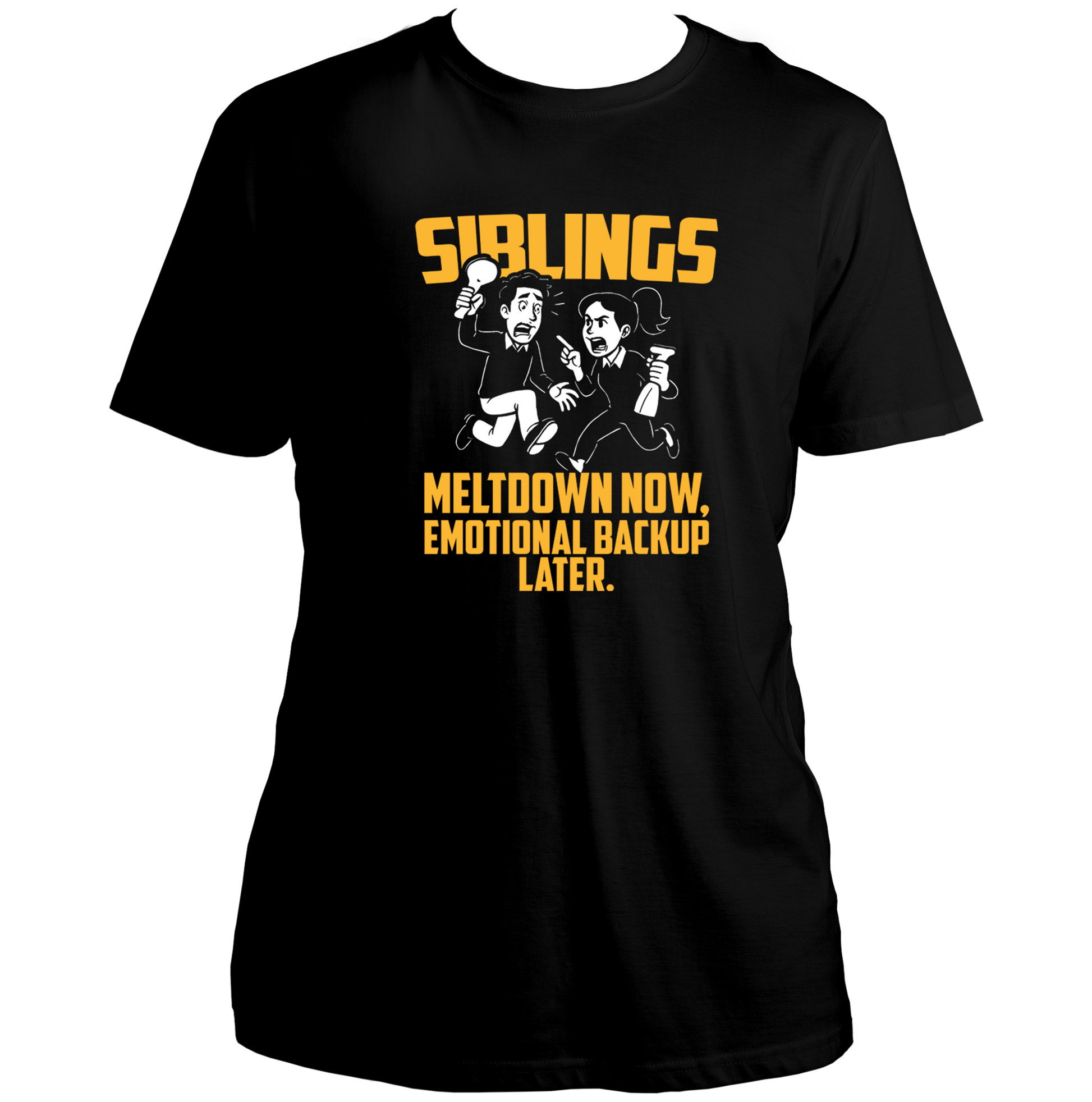 Black Sibling Meltdown Unisex T-Shirt by Garrari with yellow and white brother-sister graphic and Meltdown Now quote