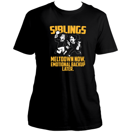 Black Sibling Meltdown Unisex T-Shirt by Garrari with yellow and white brother-sister graphic and Meltdown Now quote