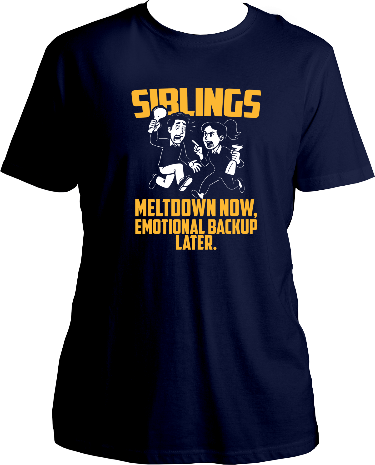 Black unisex sibling t-shirt featuring cartoon siblings in panic with the quote 'Meltdown Now, Emotional Backup Later' – perfect Rakhi or Bhai Dooj gift