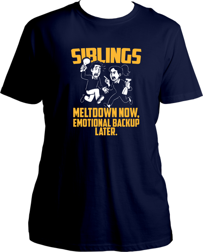 Black unisex sibling t-shirt featuring cartoon siblings in panic with the quote 'Meltdown Now, Emotional Backup Later' – perfect Rakhi or Bhai Dooj gift