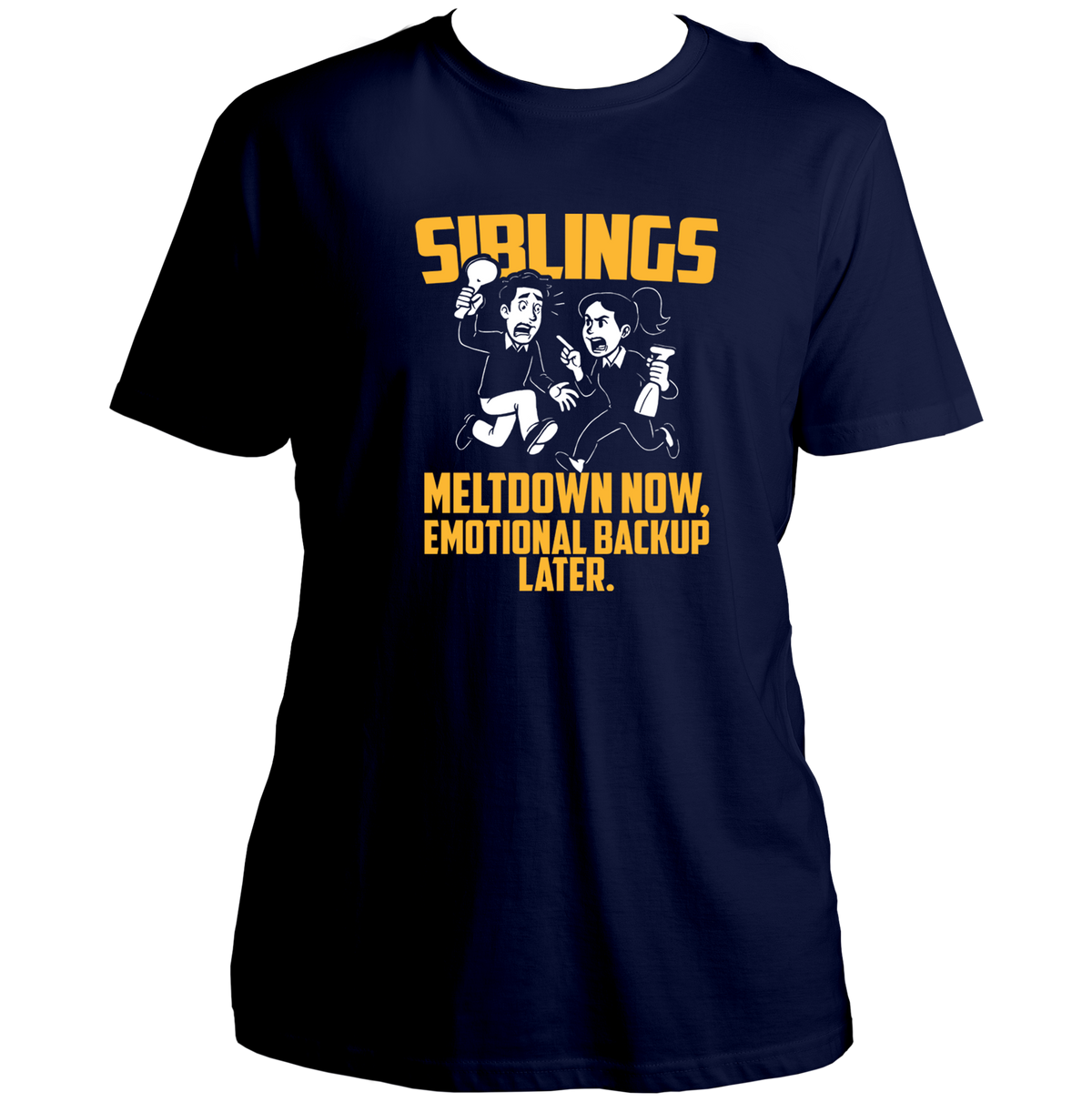 Navy Blue Sibling Meltdown Unisex T-Shirt by Garrari with yellow and white brother-sister graphic and Meltdown Now quote