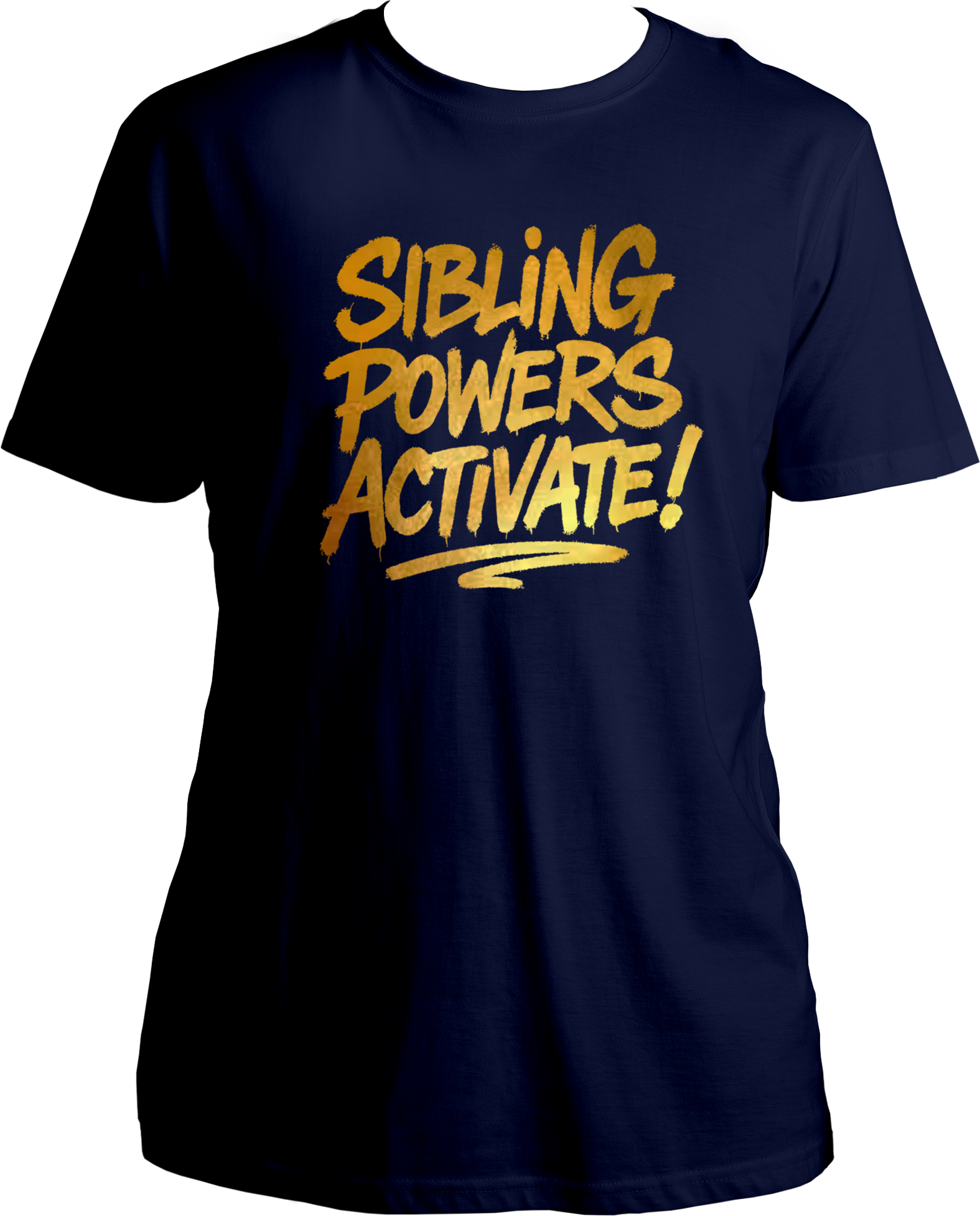 Navy Blue regular fit unisex sibling t-shirt with shiny gold reflective ‘Sibling Powers Activate!’ print – ideal for Rakhi or Bhai Dooj