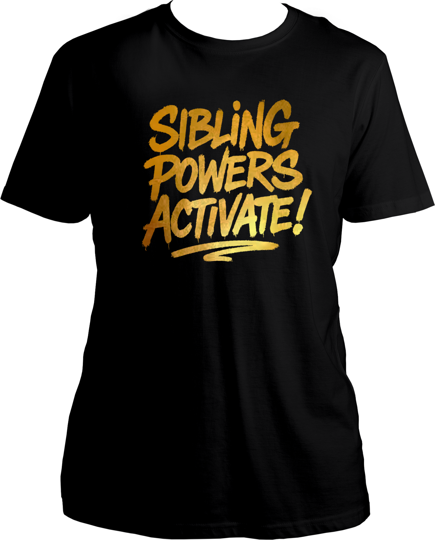Black regular fit unisex sibling t-shirt with shiny gold reflective ‘Sibling Powers Activate!’ print – ideal for Rakhi or Bhai Dooj