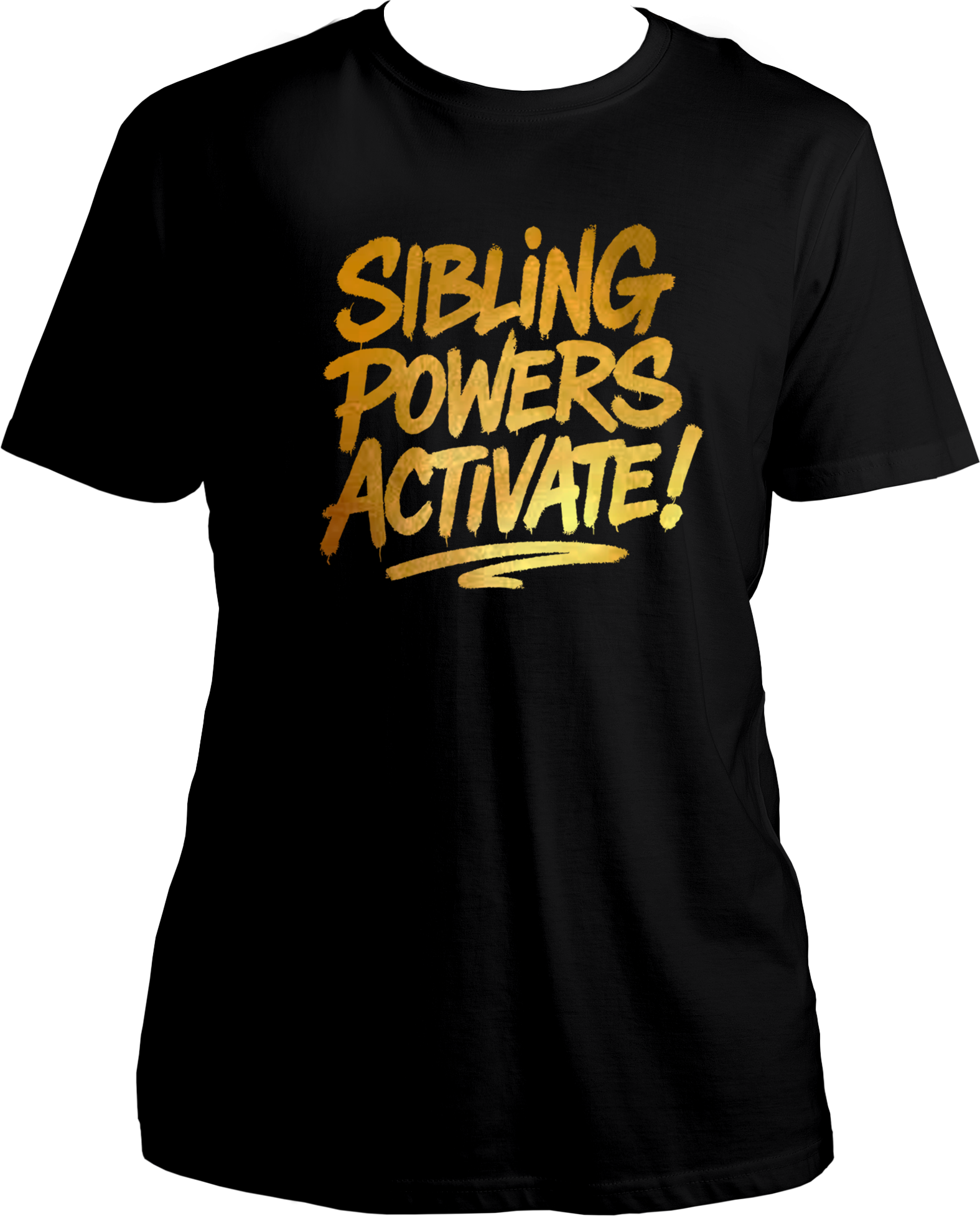 Black regular fit unisex sibling t-shirt with shiny gold reflective ‘Sibling Powers Activate!’ print – ideal for Rakhi or Bhai Dooj