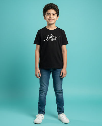 Black Sifar Safar Karan Aujla kids unisex t-shirt with Punjabi typography inspired by Punjabi music culture