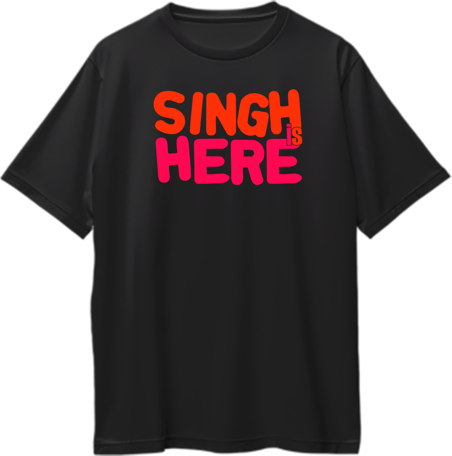 Singh Is Here Oversized T-Shirt with bold red and pink typography on black
