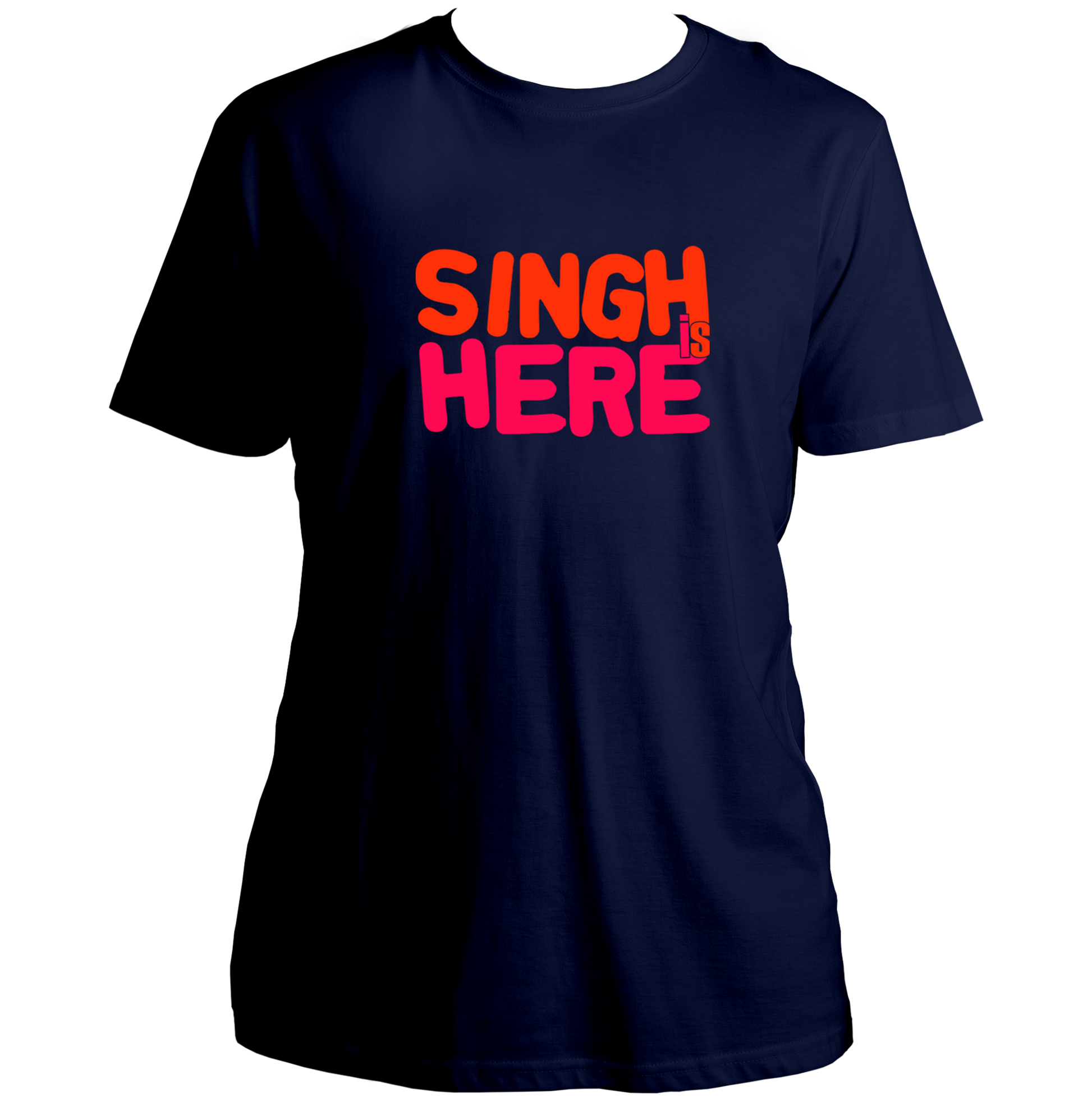 Navy Blue Singh Is Here Unisex T-Shirt with bold contrasting typography