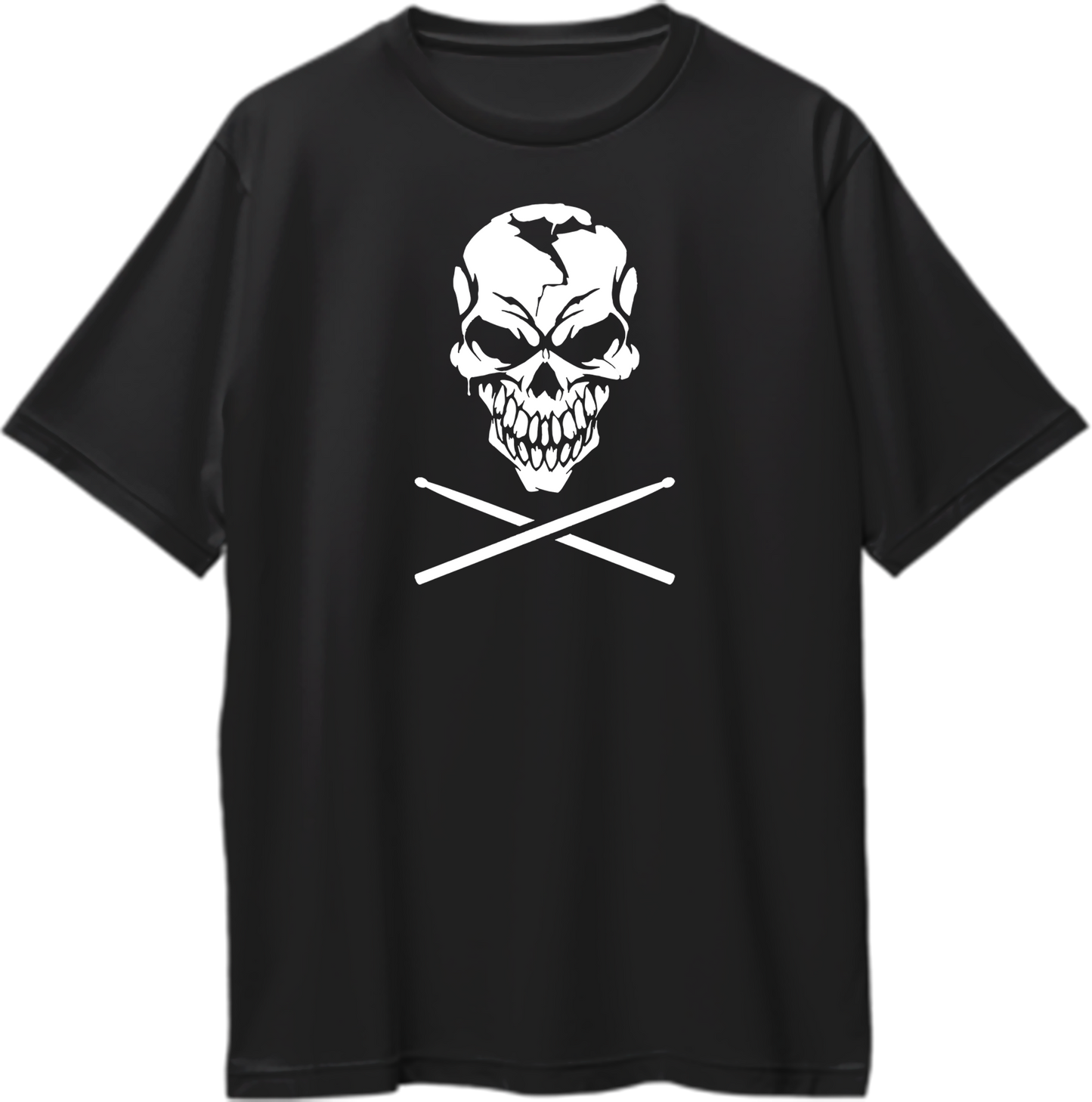 Skull & Drumsticks Oversized T-Shirt with white skull and crossed drumsticks graphic on black