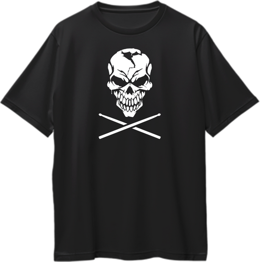 Skull & Drumsticks Oversized T-Shirt with white skull and crossed drumsticks graphic on black