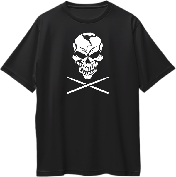 Skull & Drumsticks Oversized T-Shirt with white skull and crossed drumsticks graphic on black