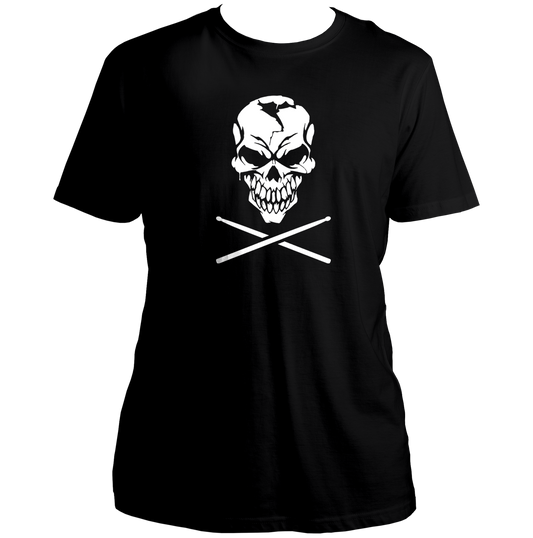 Black Skull & Drumsticks Unisex T-Shirt with white skull and crossed drumsticks print