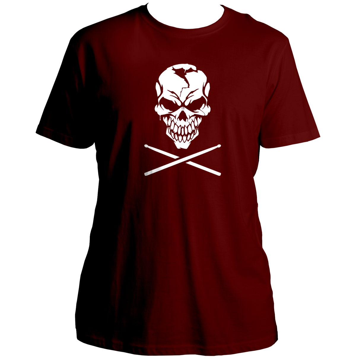 Maroon Skull & Drumsticks Unisex T-Shirt with skull and drumsticks graphic