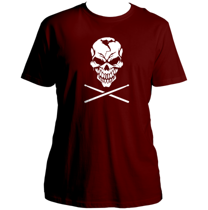 Maroon Skull & Drumsticks Unisex T-Shirt with skull and drumsticks graphic
