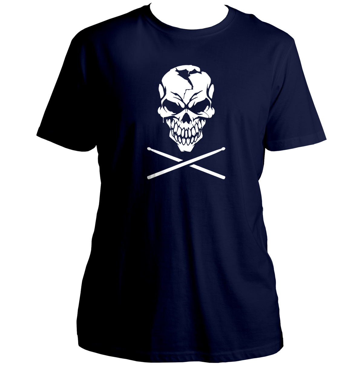 Navy Blue Skull & Drumsticks Unisex T-Shirt with white music-inspired skull print